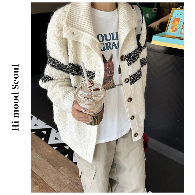 【金恩慧欧尼Hi mood】韩系高领条纹软糯毛衣开衫