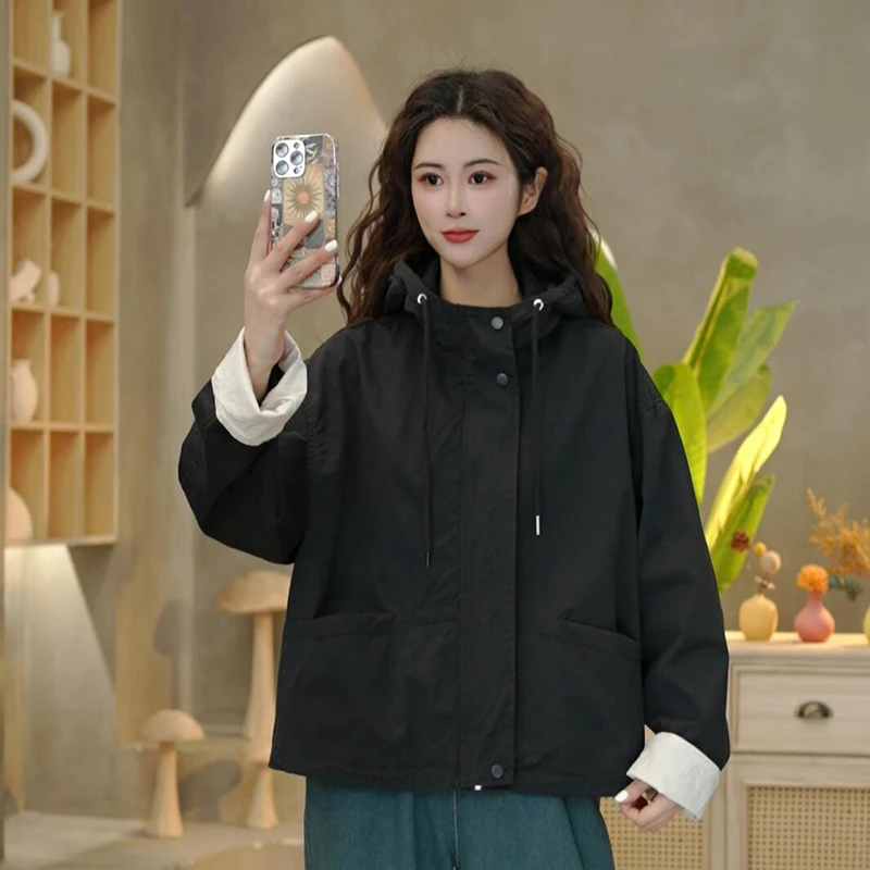 8828 春季连帽短外套女宽松短款风衣上衣休闲百搭外套女