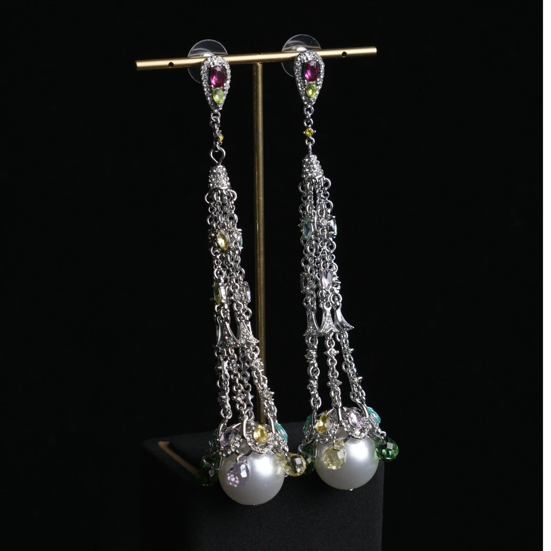 铜合金仿珍珠耳饰  复古多彩扫肩优雅耳环