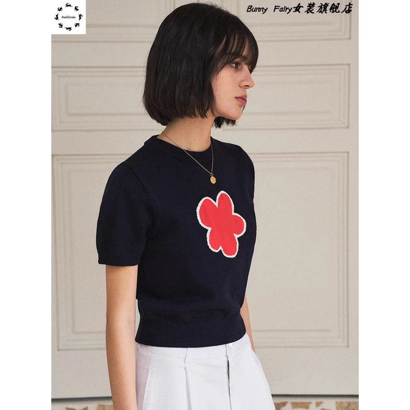 复古藏青色短袖冰丝针织衫正肩t恤女夏季短款撞色花朵图案上衣薄