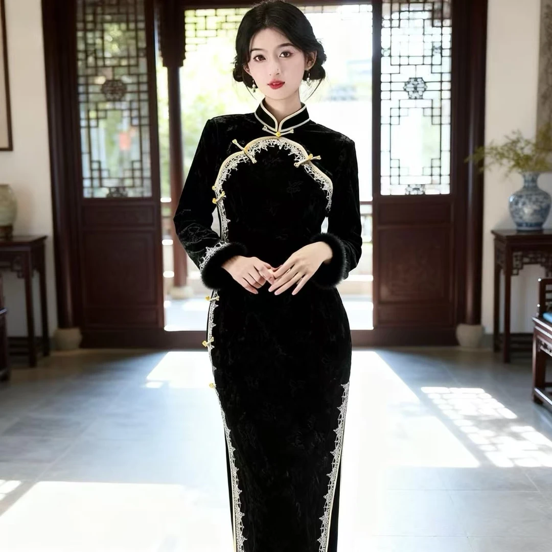 爆款杏色旗袍冬天加绒加厚2025新款国风新中式绝美改良素雅礼服女