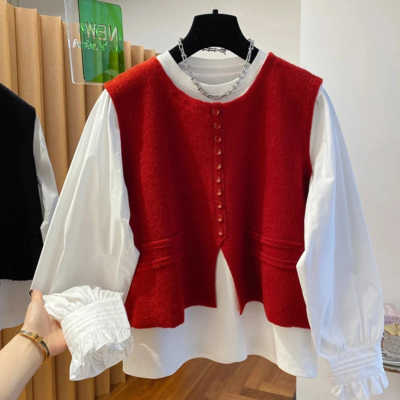 长袖衬衫女2025年春秋新款胖妹妹设计感小众马甲两件套上衣高级感