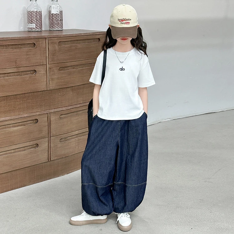 纯色薄款洋气夏季休闲风束脚宽松女童防蚊裤套装女中大童阔腿韩版