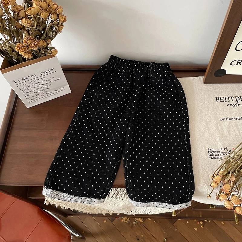 【现货】ZD24Q027春秋新款儿童裤子女童休闲裤黑色波点洋气裤子