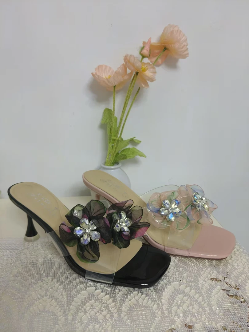 高跟鱼嘴细跟水钻夏季方头一字拖外穿凉拖鞋度假风