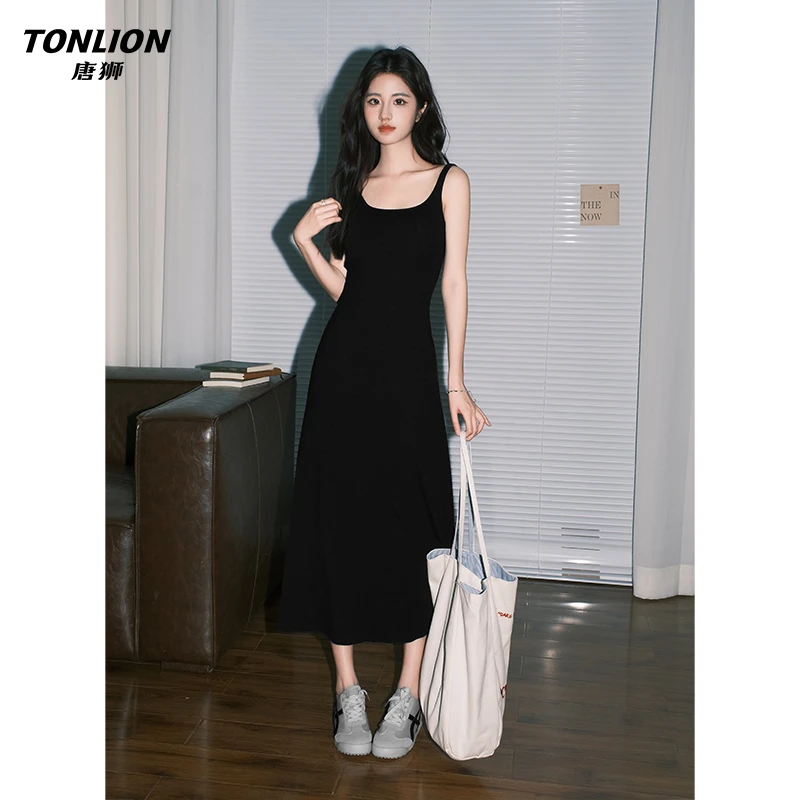 唐狮法式赫本风收腰气质小黑裙女休闲A字吊带连衣裙包臀背心长裙