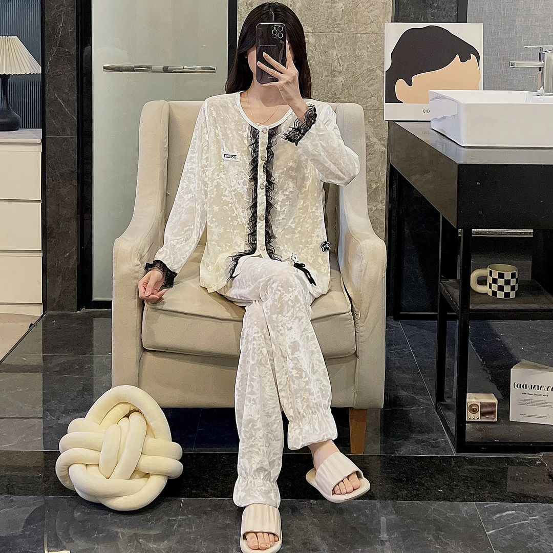 黑色蕾丝ins睡衣女新款秋冬季金丝绒长袖杏色简约休闲家居服套装