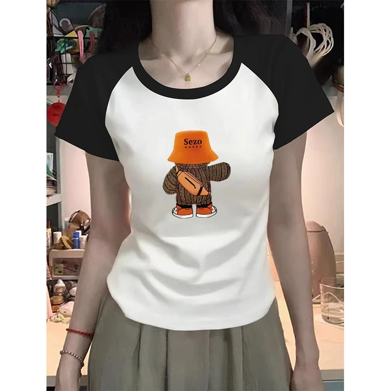 夏季正肩圆领修身显瘦短袖t恤2025新款韩系通勤卡通印花女装上衣