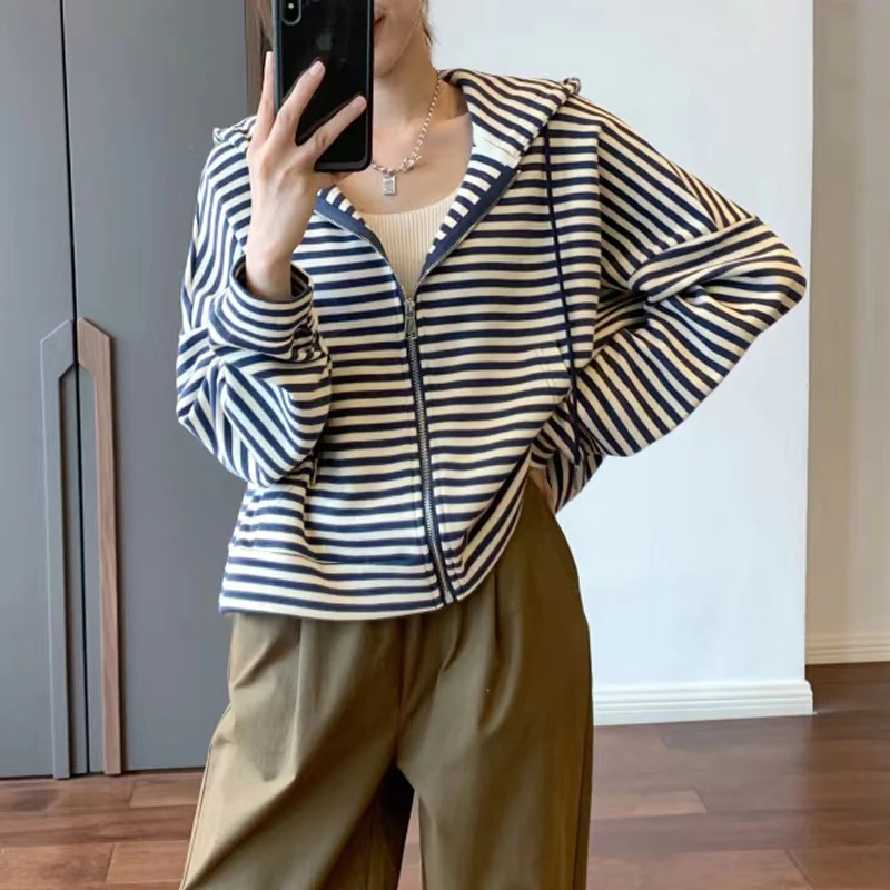 特！门店24&9~慵懒风 撞色条纹连帽休闲宽松外套 L40508