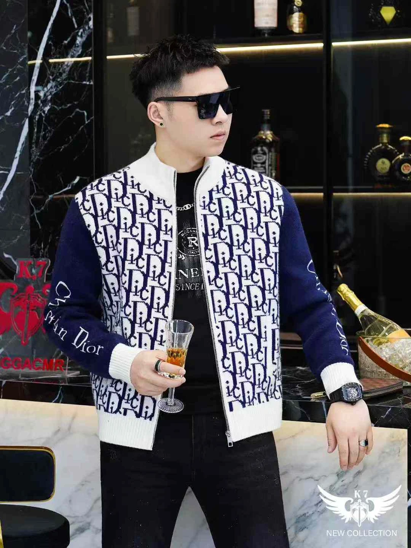 2025秋季新款潮牌字母提花时尚潮流男士修身拉链休闲毛衣上衣外套