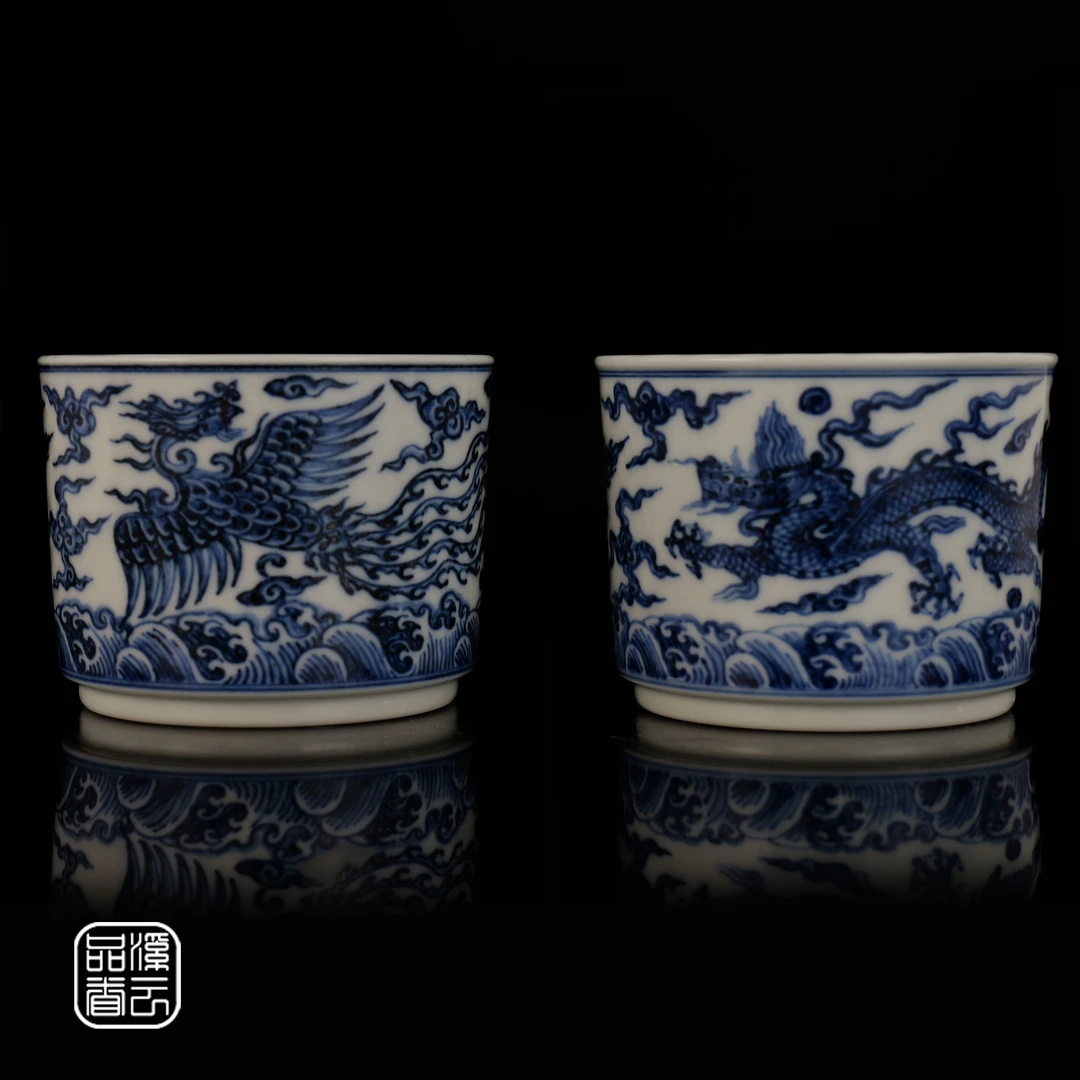 泽一堂 景德镇柴窑手工手绘青花海水祥云龙凤对杯直筒杯主人杯