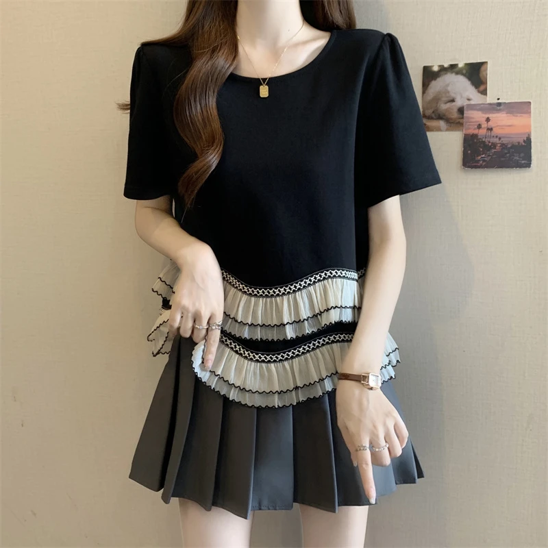 法式黑色圆领短袖t恤女夏季大码胖mm荷叶边拼接正肩体恤短款上衣