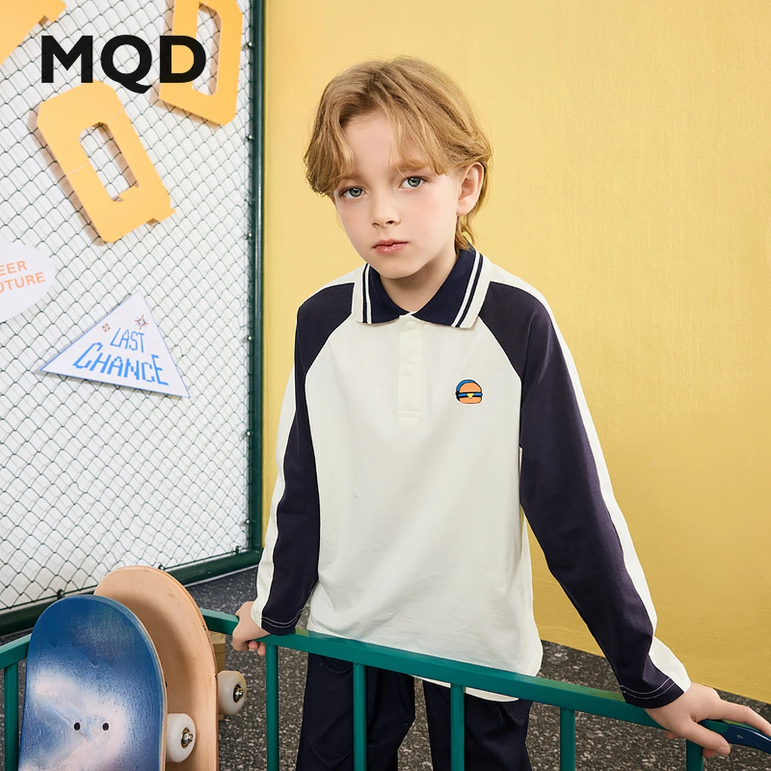 MQD童装25春新品学院风经典翻领插肩袖拼色长袖POLO衫9651W0401