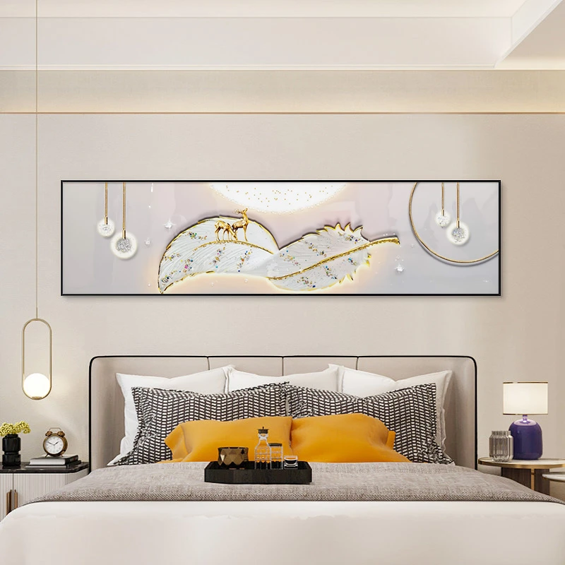 益师傅室装饰画高档羽毛床头挂画横幅现代简约大气主卧羽毛40150
