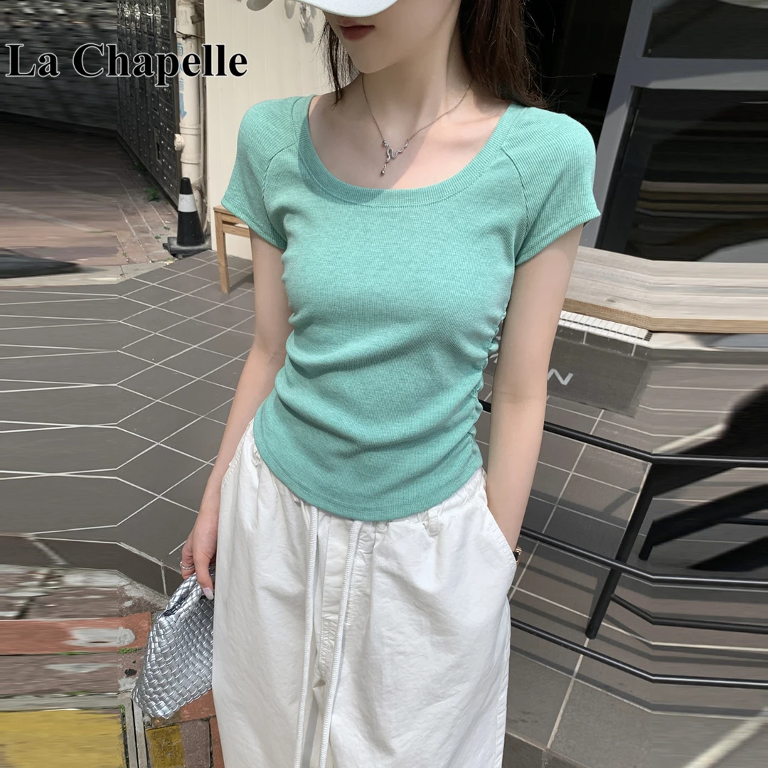 拉夏贝尔法式插肩袖正肩圆领短袖T恤女夏季修身显瘦套头外穿上衣