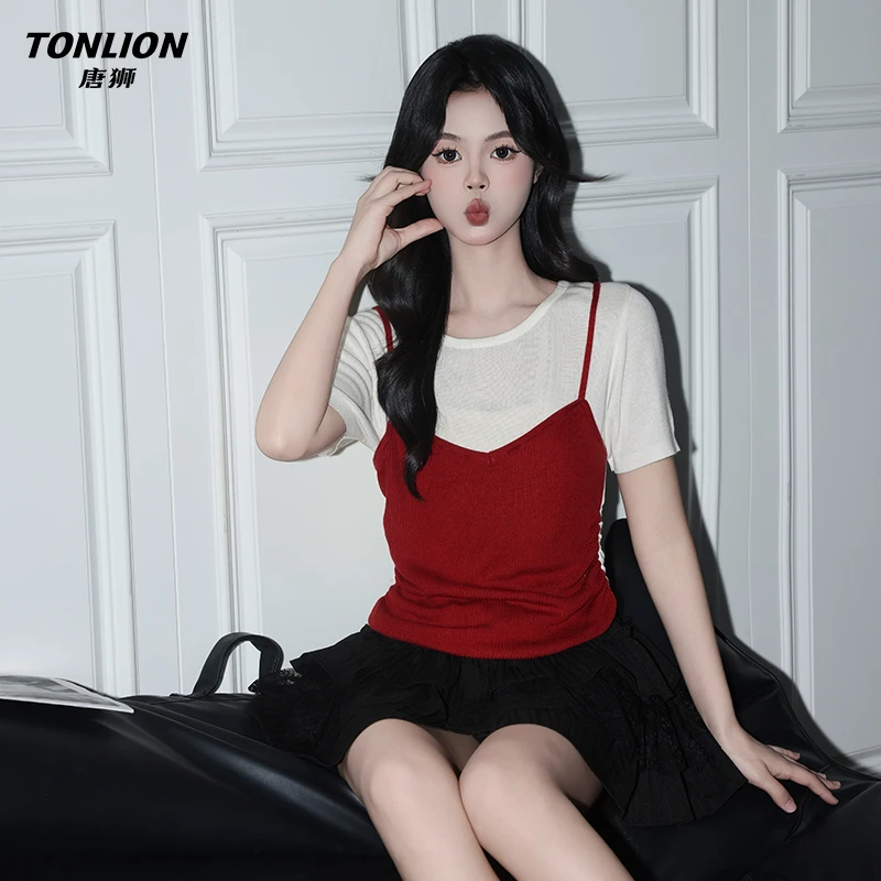 唐狮氛围感复古红色假两件吊带上衣女夏韩系休闲圆领褶皱收腰短袖