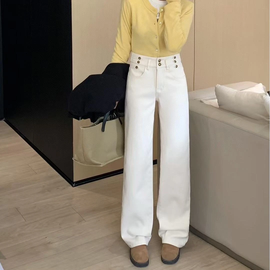 ANYUMO/安妤茉6814-3秋冬排扣直筒加绒牛仔裤高腰时尚百搭女