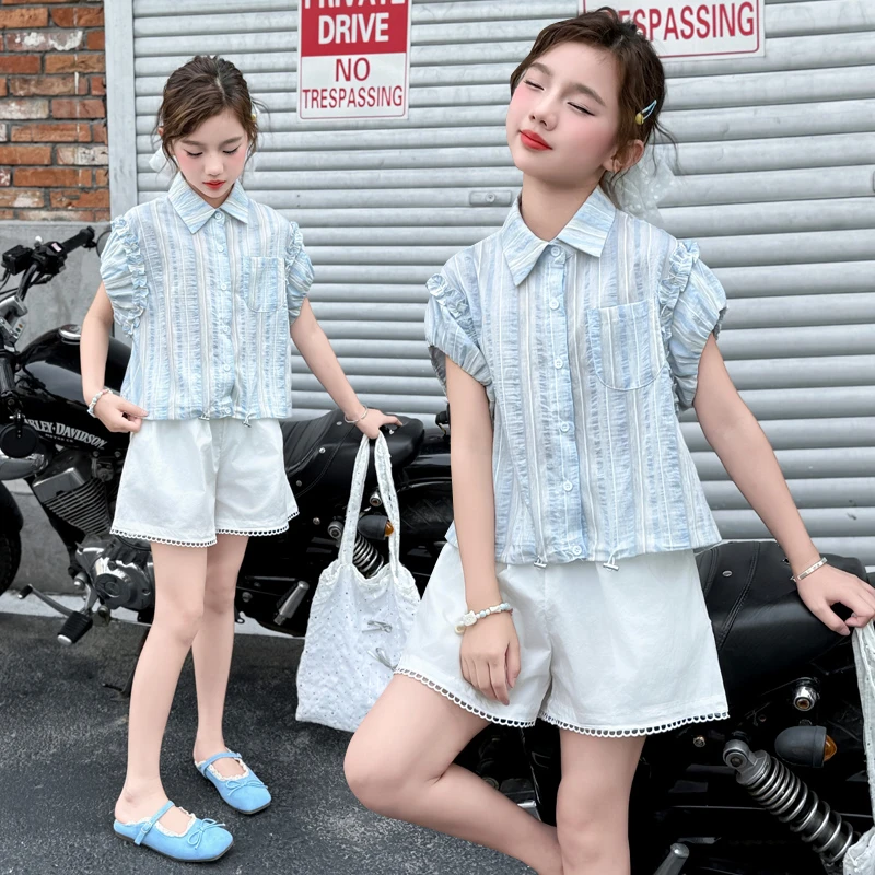 女童条纹衬衫2025夏季新款薄款花边短袖上衣宽松洋气衬衣短裤套装