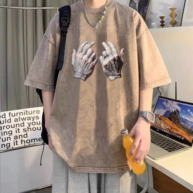 短袖T恤男夏季穿搭美式潮牌ins复古蜡染休闲百搭高街重磅纯棉