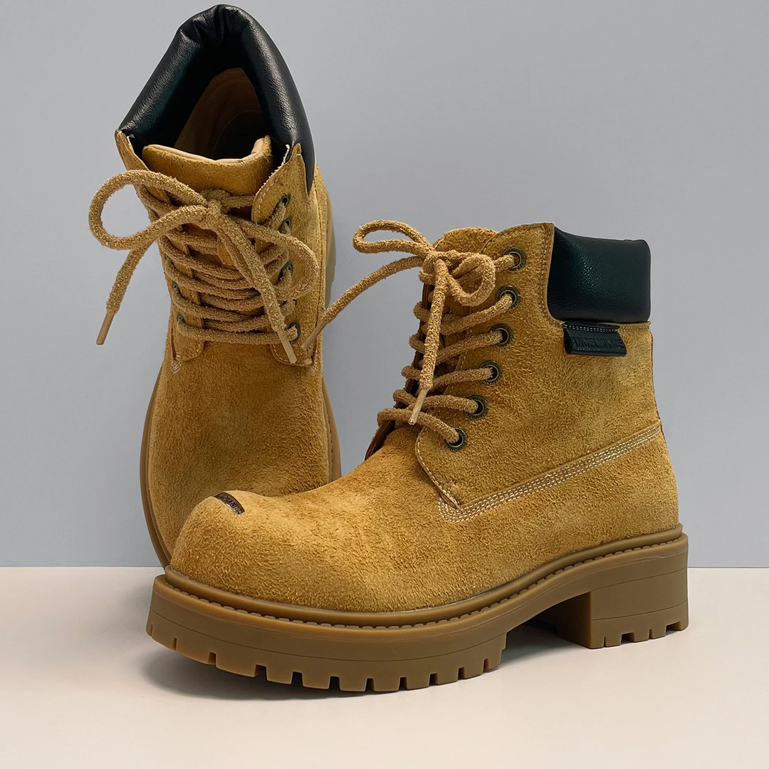 7cm增高版大黄靴圆翘头工装机车马丁靴秋冬季男女款英伦风靴子潮