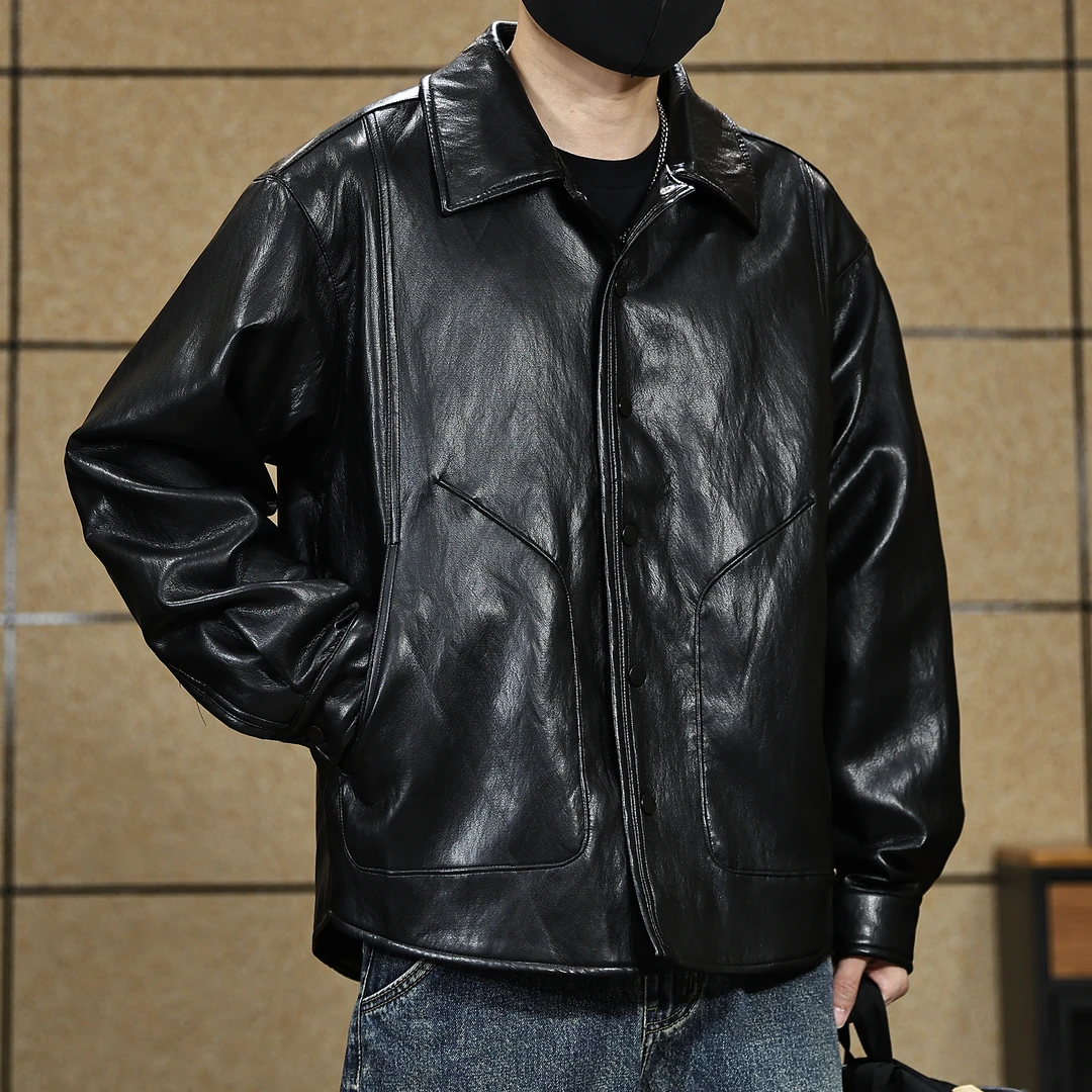 高街机车风亮面痞帅皮衣男款秋季皮夹克美式复古潮流宽松休闲外套