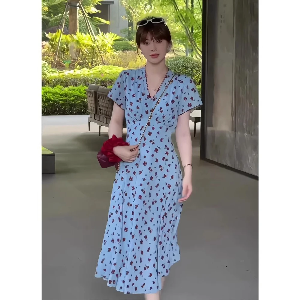 法式显瘦气质收腰复古碎花裙子女夏季韩系百搭小个子中长款连衣裙