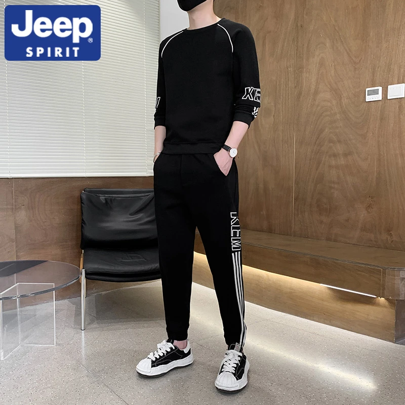 JEEPSPIRIT吉普卫衣套装春秋新款男士圆领长袖休闲运动裤子两件套