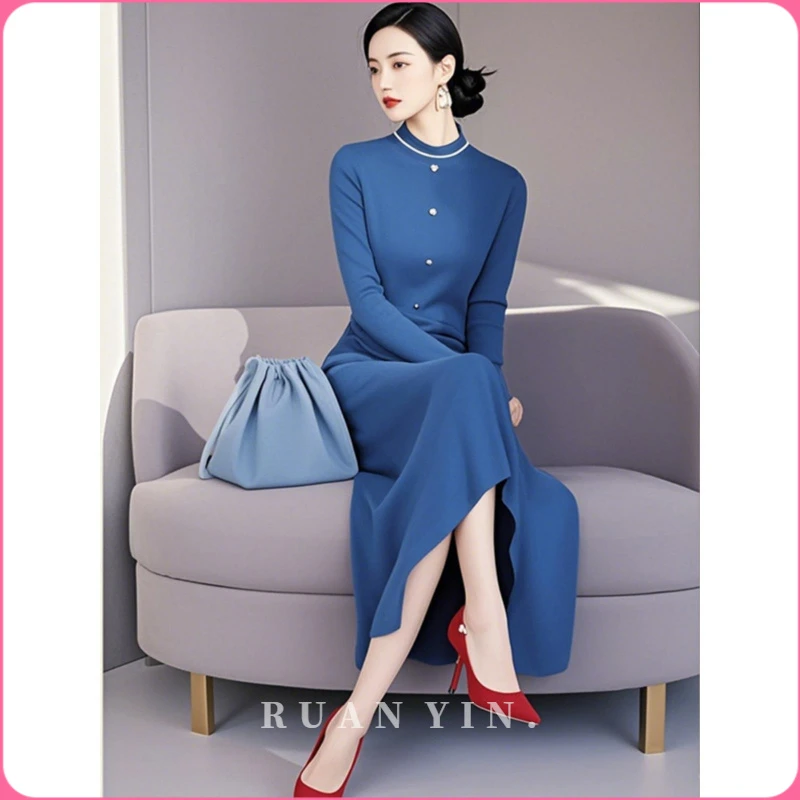 RUAN YIN法国蓝裙2025秋季女性新风今年流行的高底和超好看的下摆