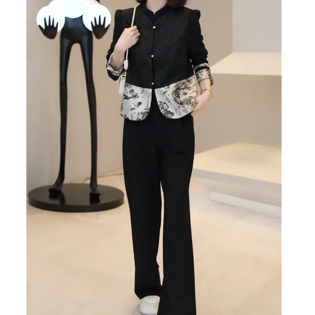 新中式国风复古马甲套装女高级感黑色显瘦轻熟风春秋装