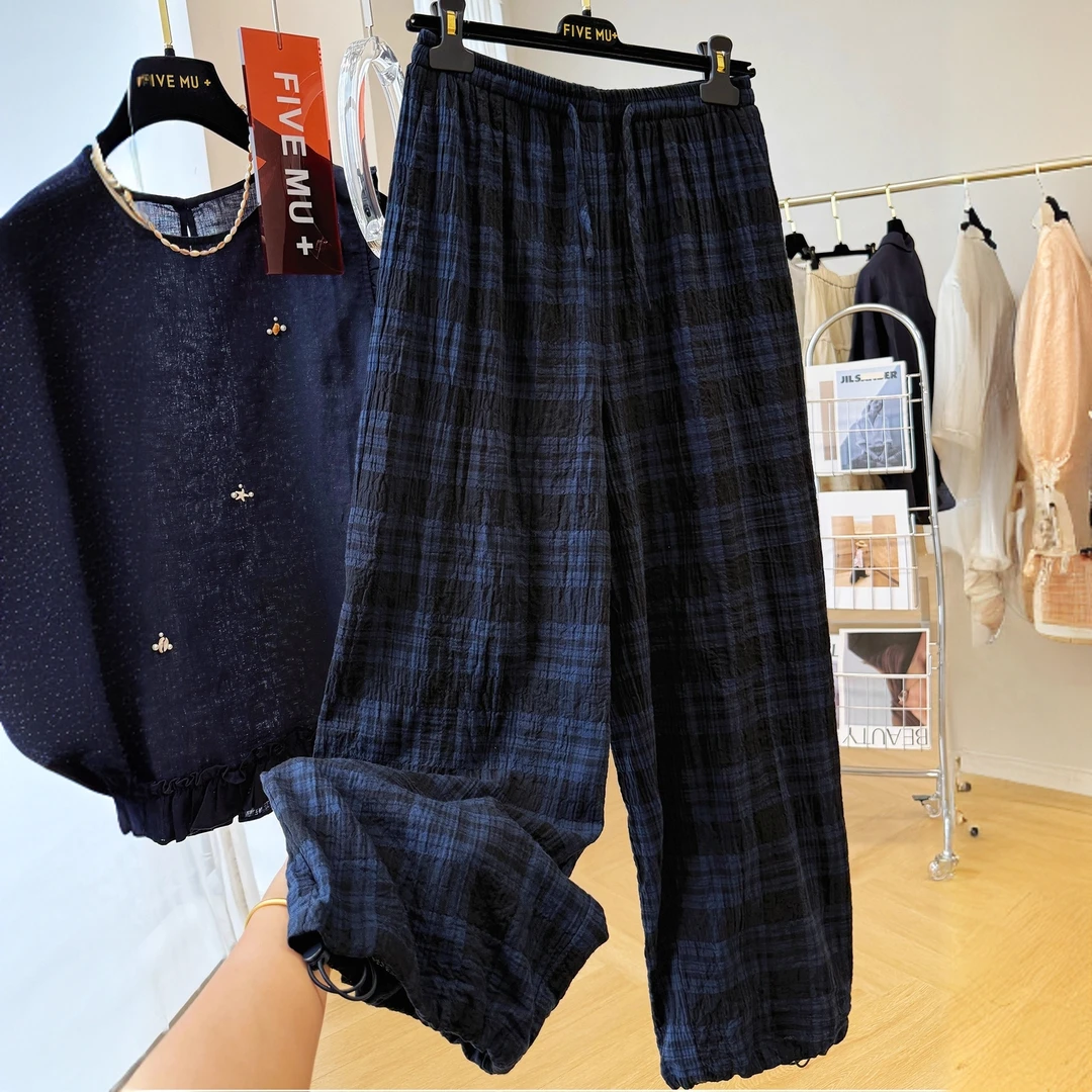 高级感复古自然褶皱纯棉松紧腰休闲裤女夏薄款遛弯裤显瘦直筒长裤