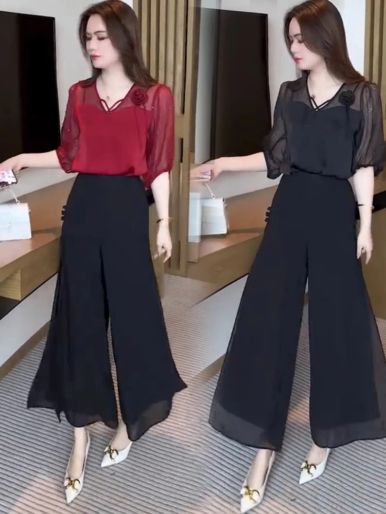时尚套装女夏季新款洋气显瘦短袖雪纺杉阔腿裤裙减龄两件套潮女士