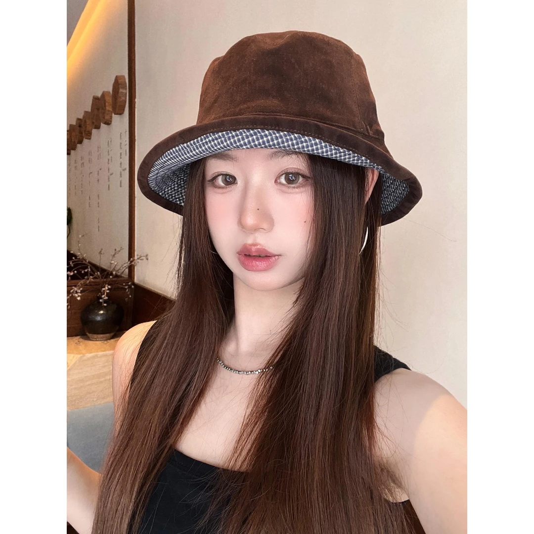 日系复古双面格子渔夫帽子女秋冬金丝绒显脸小百搭盆帽韩版休闲春