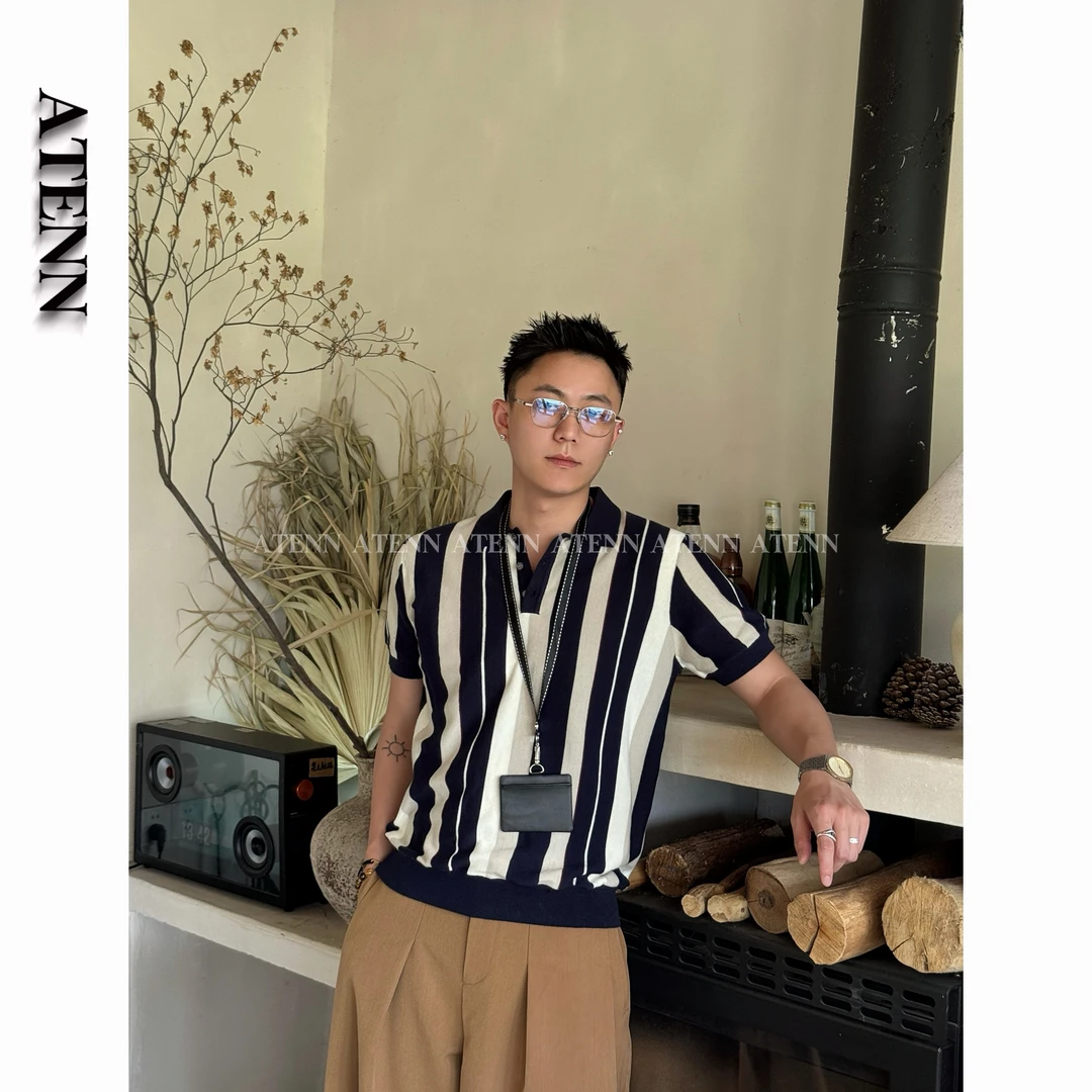 ATENN2025夏季高级韩版薄款百搭时尚潮流条纹针织衫