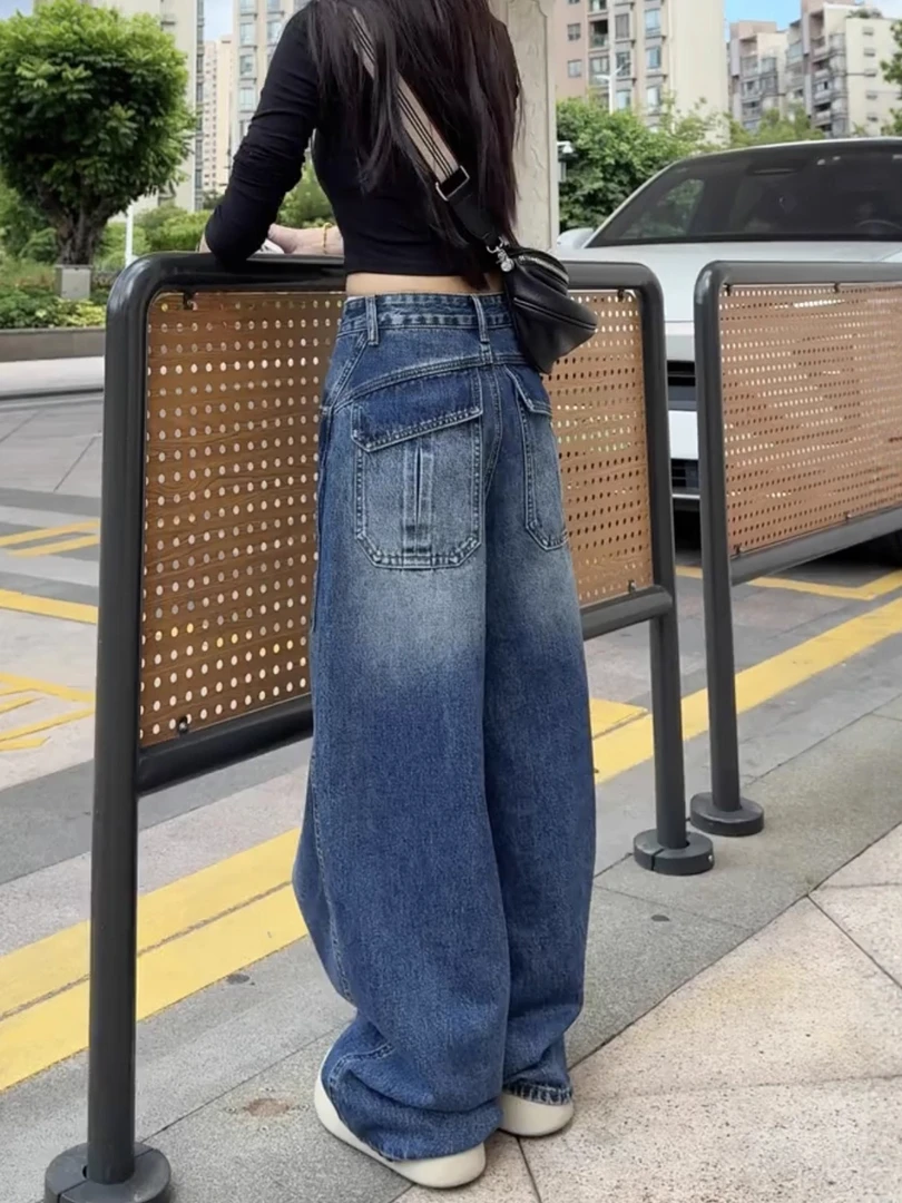 弯刀阔腿牛仔裤女秋季新款梨型身材粗腿遮胯大码宽松显瘦直筒裤子