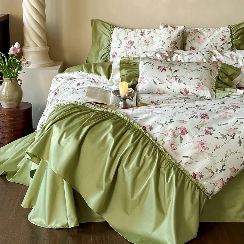 皇后娘娘轻奢风长绒棉贡缎全棉四件套公主风纯棉数码印花床单被套