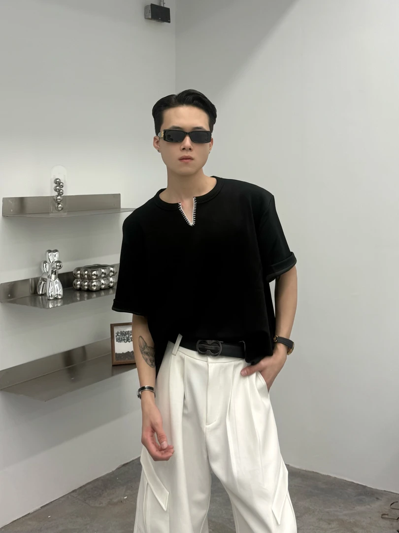 修身百搭常规t恤男士丝光柔感T恤V领短袖通用夏季T6957