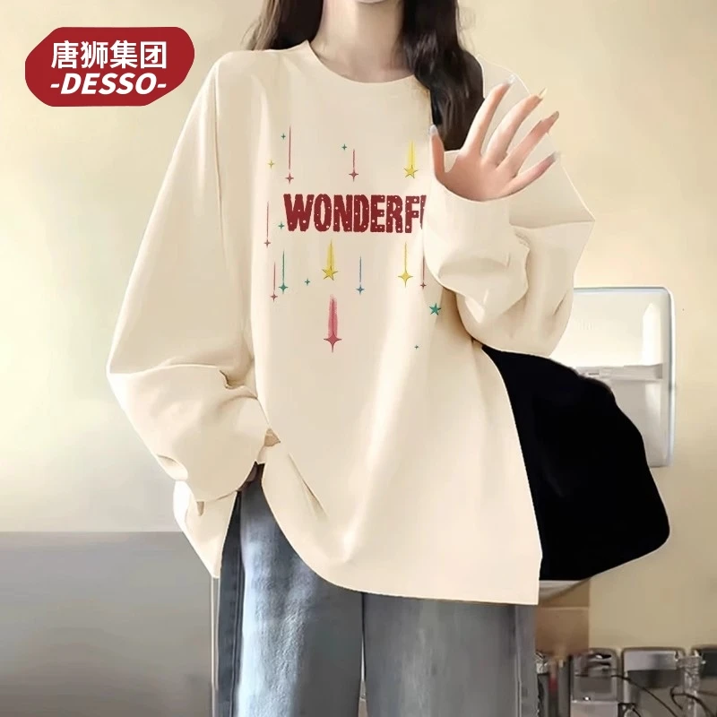唐狮集团DESSO长袖t恤女2025新款秋爆款中学生宽松休闲纯棉打底衫