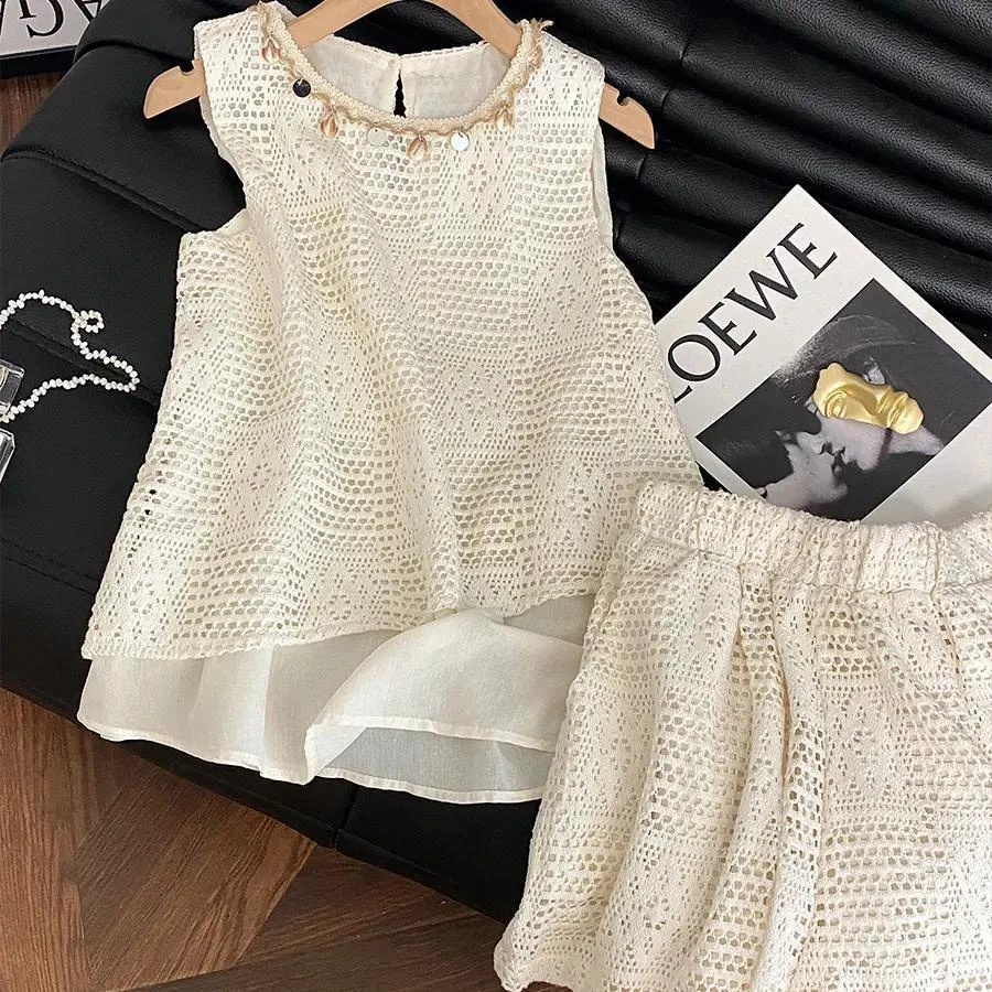 2025流行女装套装镂空蕾丝背心高腰短裤两件套清凉百搭