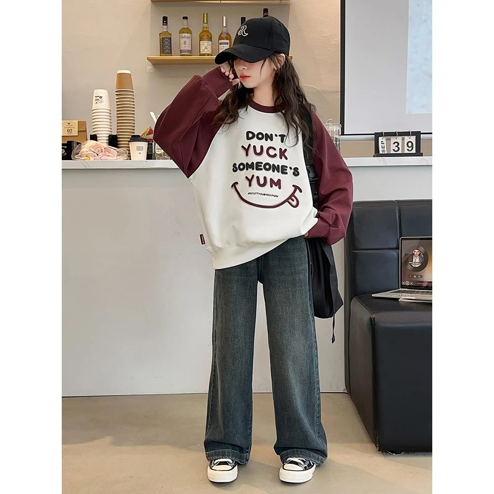 范哲萨女童初中生卫衣新款儿童春装洋气圆领上衣女孩秋季潮款牛仔