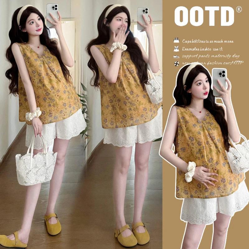 时尚孕妇2025夏季新中式中国风无袖提花刺绣镂空孕妇衫+花边短裤