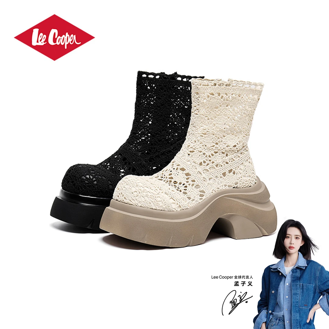 LEE COOPER厚底蕾丝网面马丁靴女2025夏季凉靴镂空透气小个子短靴