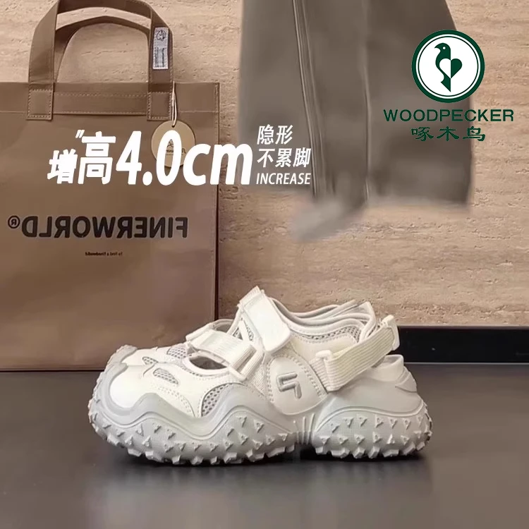 啄木鸟厚底老爹鞋女2025新款夏季网面透气洞洞鞋休闲运动包头凉鞋