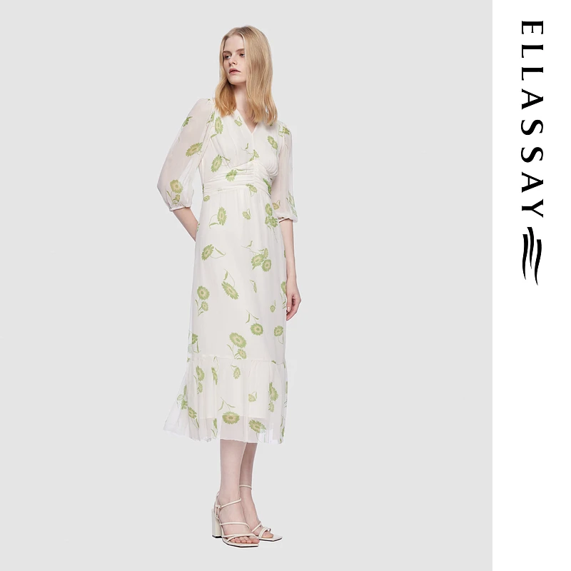 ELLASSAY歌力思2025夏季全桑蚕丝精致V领连衣裙女EWD361Y00700