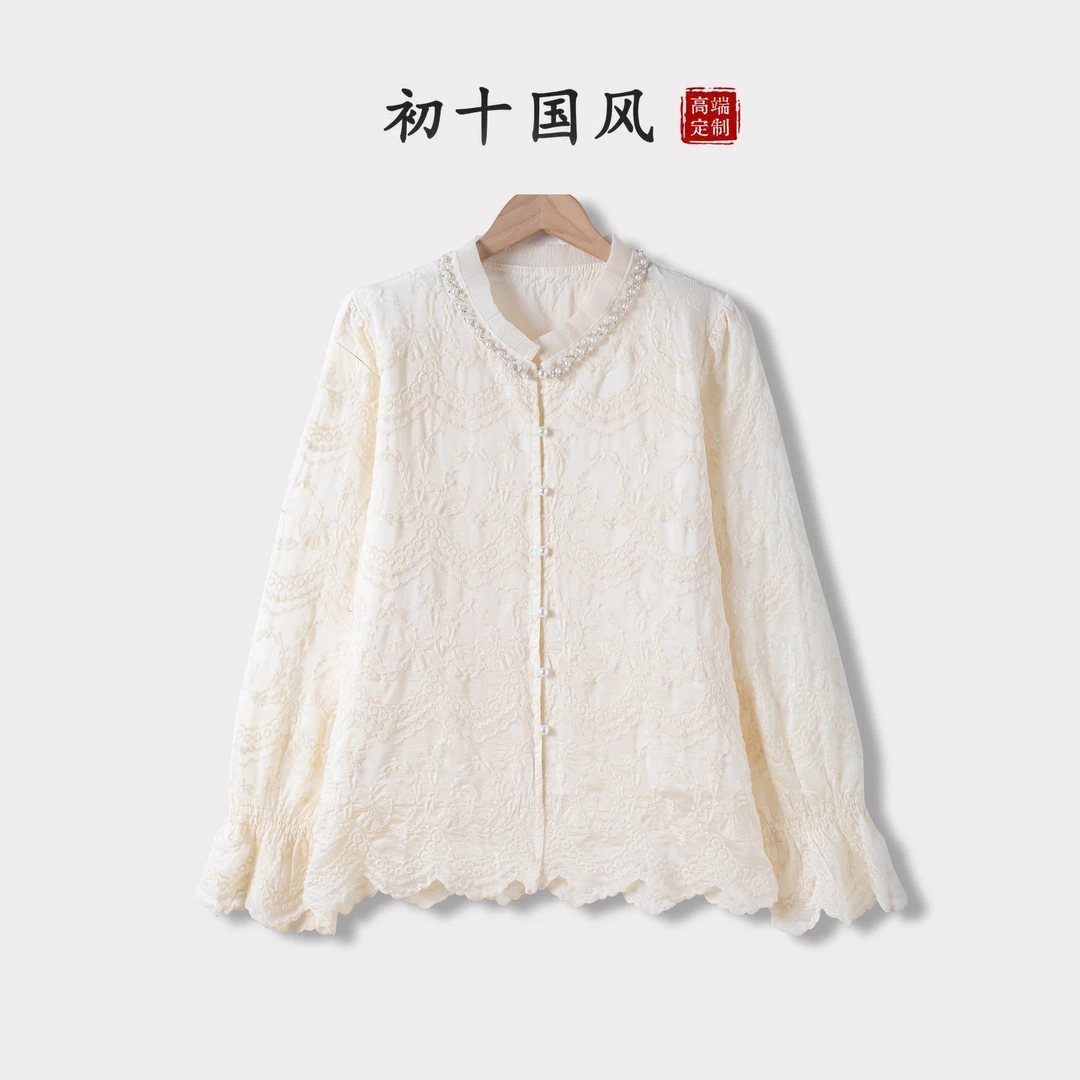 【白茶】2025春季新款国风百搭蕾丝衬衫上衣白色提花钉珠长袖女F055