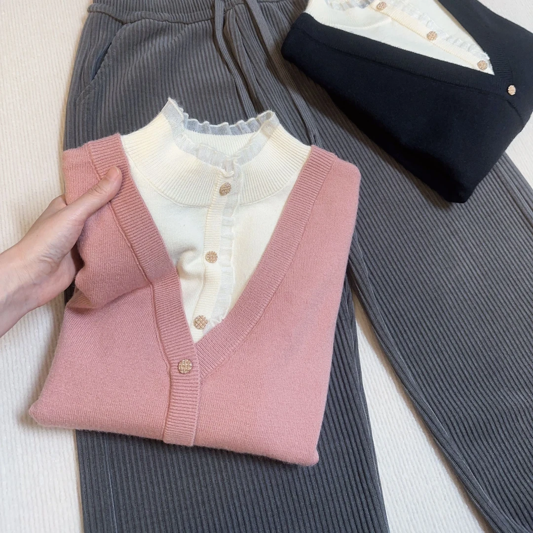 2024新中式新款水晶纱半领假两件针织衫女款拼色打底衫毛衣上衣U8