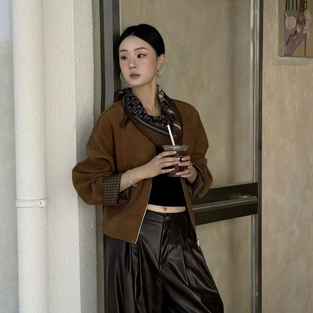 【蛋娘专属】秋季新款宽松时尚鹿皮绒丝巾长袖外套女短款上衣