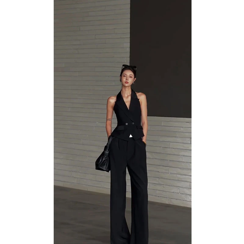 2025夏季新款法式赫本风名媛无袖挂脖西装马甲高腰直筒休闲裤套装
