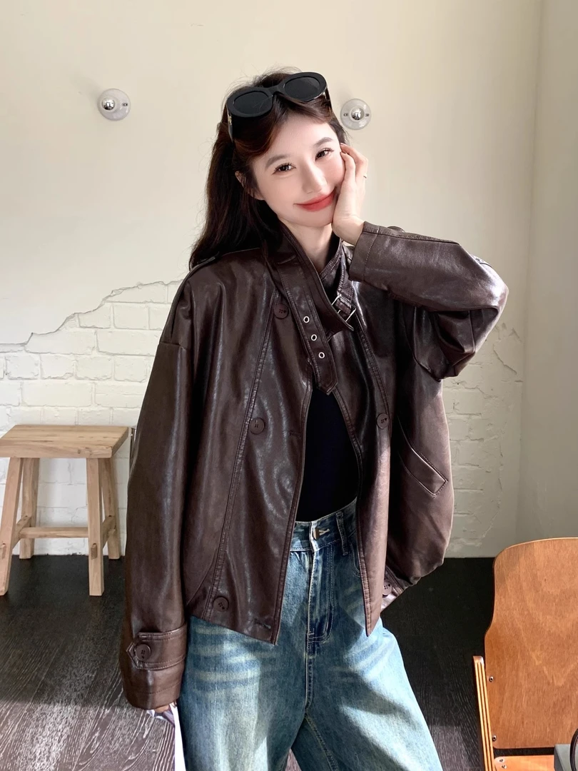 2025秋季新款小个子皮衣外套女短款立领PU皮夹克复古气质机车服女