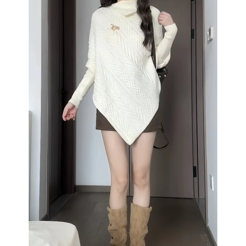 慵懒风时尚套装穿搭一整套秋冬新款高级感斗篷针织衫半身裙两件套