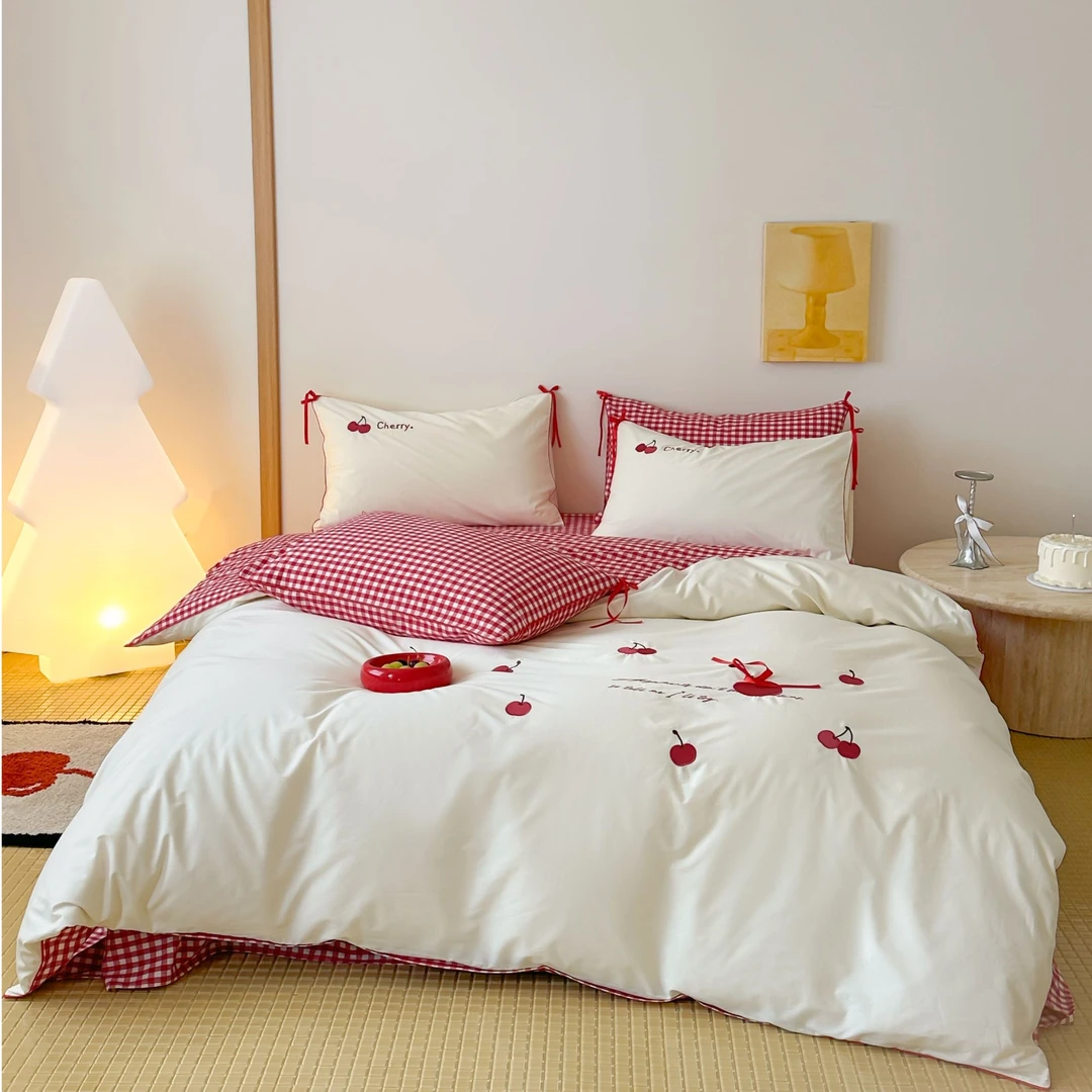 小玲子 蝴蝶结樱桃 全棉水洗棉三件套四套 刺绣工艺 小清新风